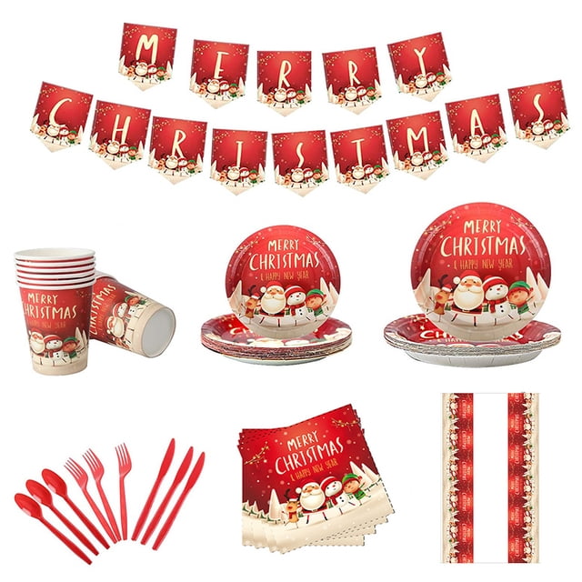 Billuyoard Juego de vajilla de papel de Navidad Mantel de Navidad Platos Servilletas Kits Boda Fiesta de cumpleaños Invitaciones Suministros de comedor Kits de decoración para fiestas Billuyoard HA008507-00