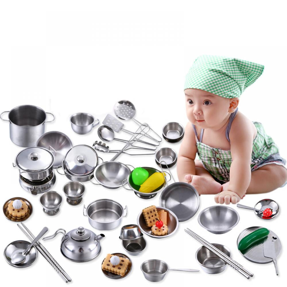 Stainless Steel Pots and Pans Cookware Pretend Kitchen Play Set for Kids 16pcs 