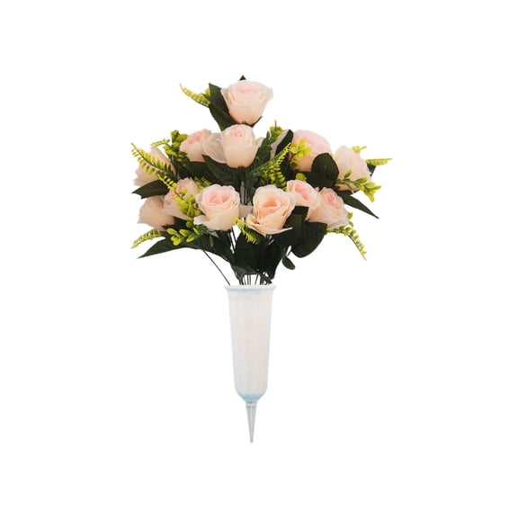 YAMB Artificial Cemetery Flowers, Artificial Rose Bouquet Grave Memorial Flowers with Vase, Grave Decoration Flower Bouquets, Grave Silk Flower Arrangement for Cemetery Headstones Decor