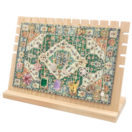 Necklace Display Stand Green Bohemian Wood Jewelry Displays Stands with PU Panel Rack Organizer Retro Flower Medieval Mural Wooden Necklace Display Holder for Vendors Shop Show Home Tabletop Storage