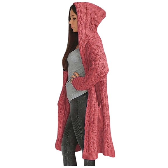 Women Hooded Open Front Cardigan Cable Knit Sweaters Solid Color Chunky Long Sweater Outerwear Coats with Pocket (5XL, Pink)