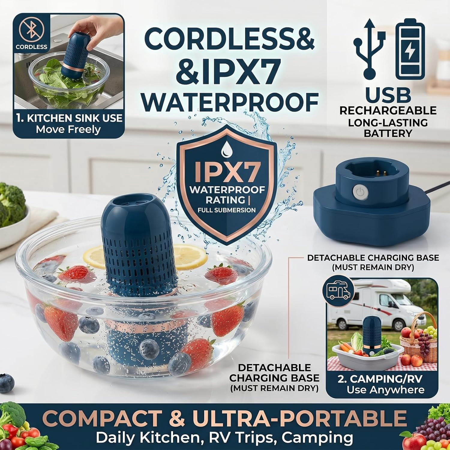 Purepod Produce Cleaner - Portable Fruit and Vegetable Washing Machine, OH-ion Food Purifier for Deep Cleaning Surface Residues, IPX7 Waterproof Cordless Device for Berries & Meat