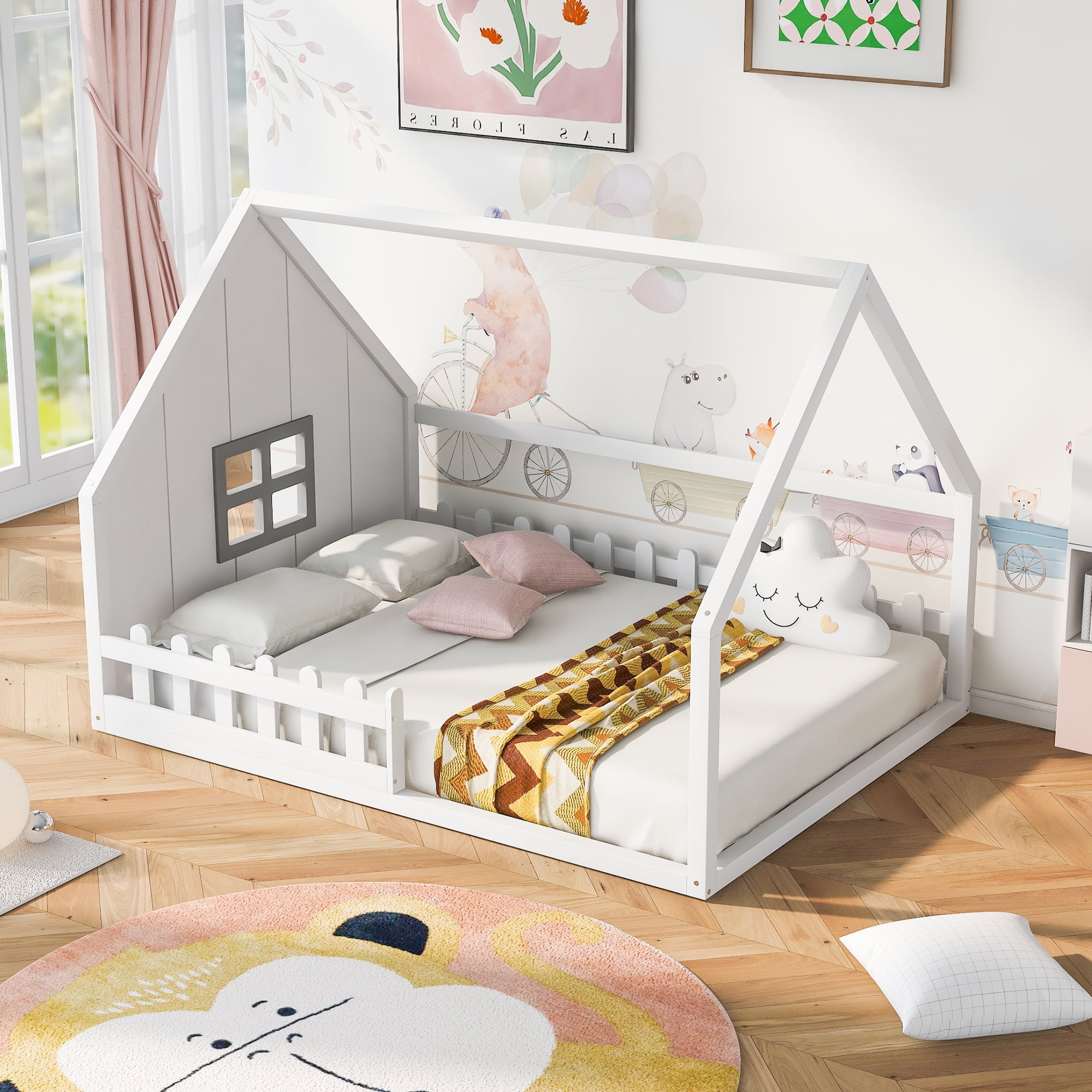 Gewnee Full Size House Bed with Fence, Wooden Montessori Floor Bed with Window for Toddler Kids,White
