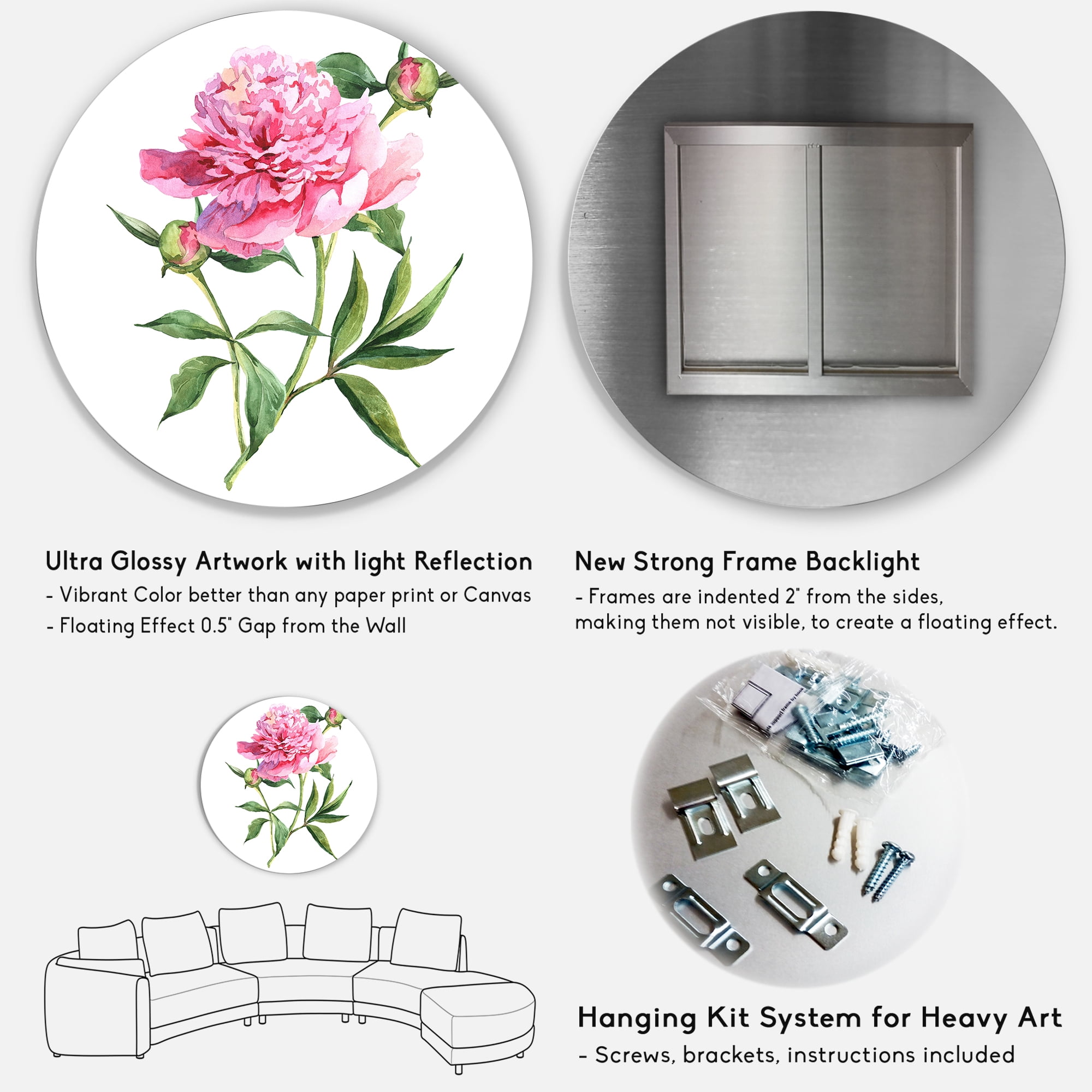Designart 'Ancient Pink Peonies' Traditional Circle Metal Wall Art 23x23 - Disc of 23