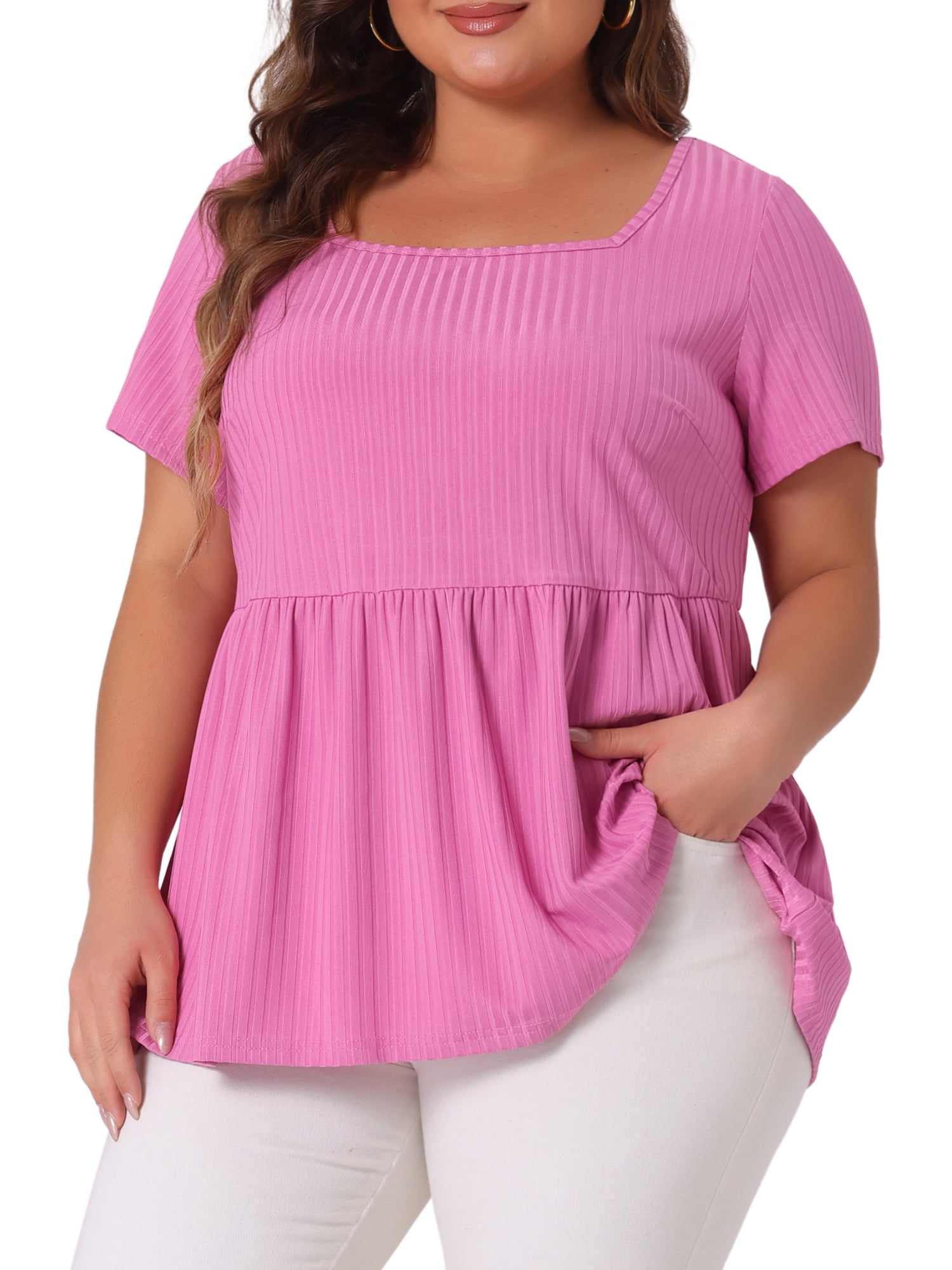 DARING DIVA Women's Plus T-Shirts Square Neck Peplum Short Sleeve Tops 4X Dark Pink