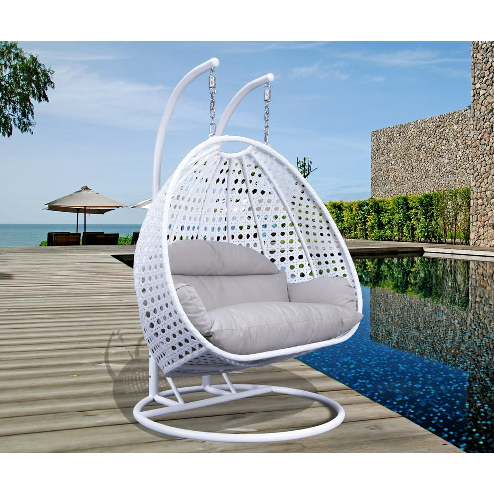 LeisureMod Wicker Hanging 2 person Egg-Shaped Swing Chair, White