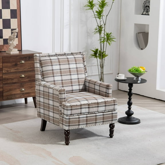 Mid Century Accent Chair Comfy Armchair with Wooden Legs & Nailhead Trim, Blue and White Striped Vintage Arm Chair, Coffee