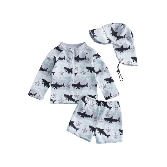 BemeyourBBs Toddlers Baby Boys Shark 3 Piece Swimsuit Infant Boy Bathing Suit Swim Shirt Trunk Shorts Set and Sun Hat Long Sleeve Swimwear Sunsuit UPF 50 Rash Guard