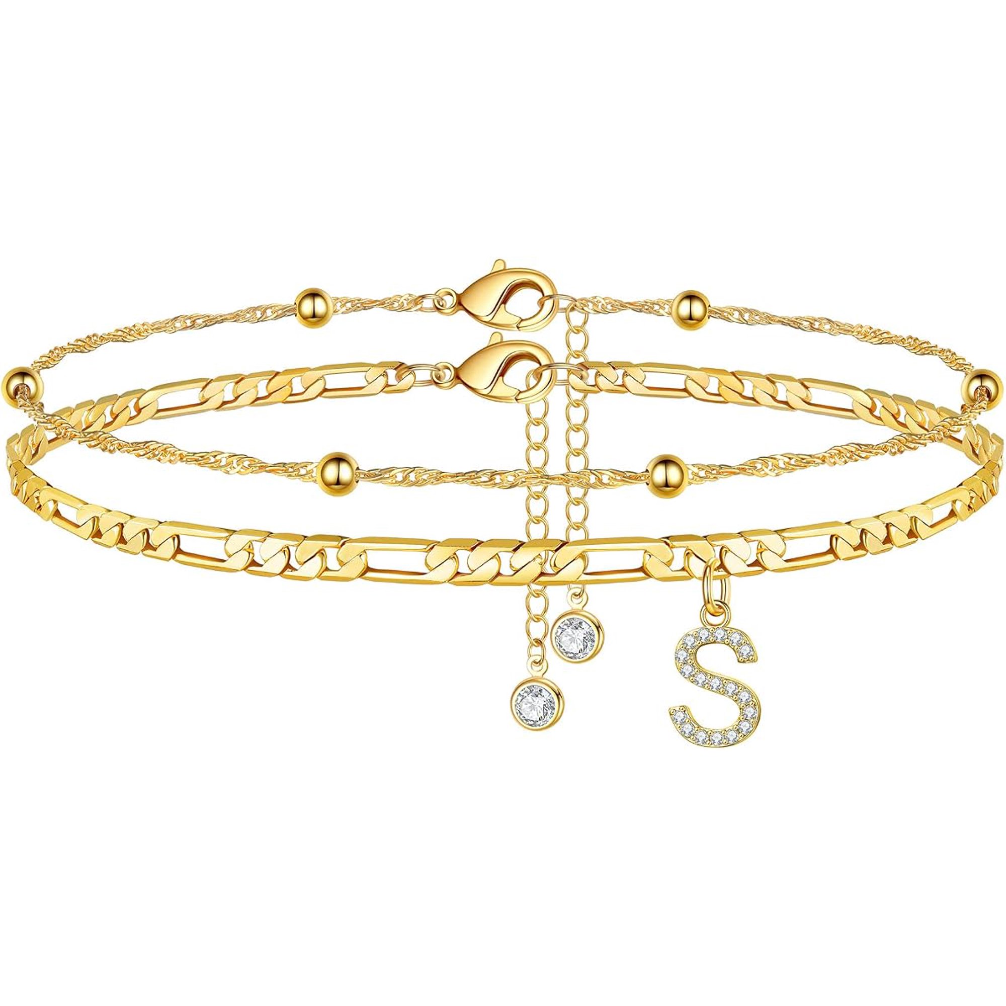 BOOTOOL Ankle Bracelets for Women, 14K Gold Plated Dainty Layered Chain CZ Initial Anklets Summer Jewelry Gifts for Women