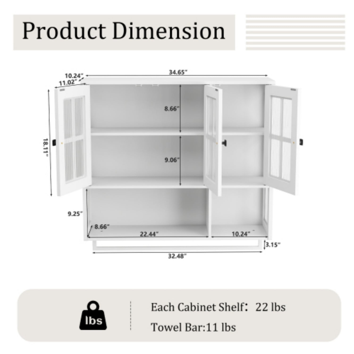 Bathroom Wall Cabinet 3 Door Storage Cabinet with Tempered Glass Doors, Open Shelf and Towel Bar, Wall Mounted Medicine Cabinet for Bathroom Entryway Living Room Dining Room, White