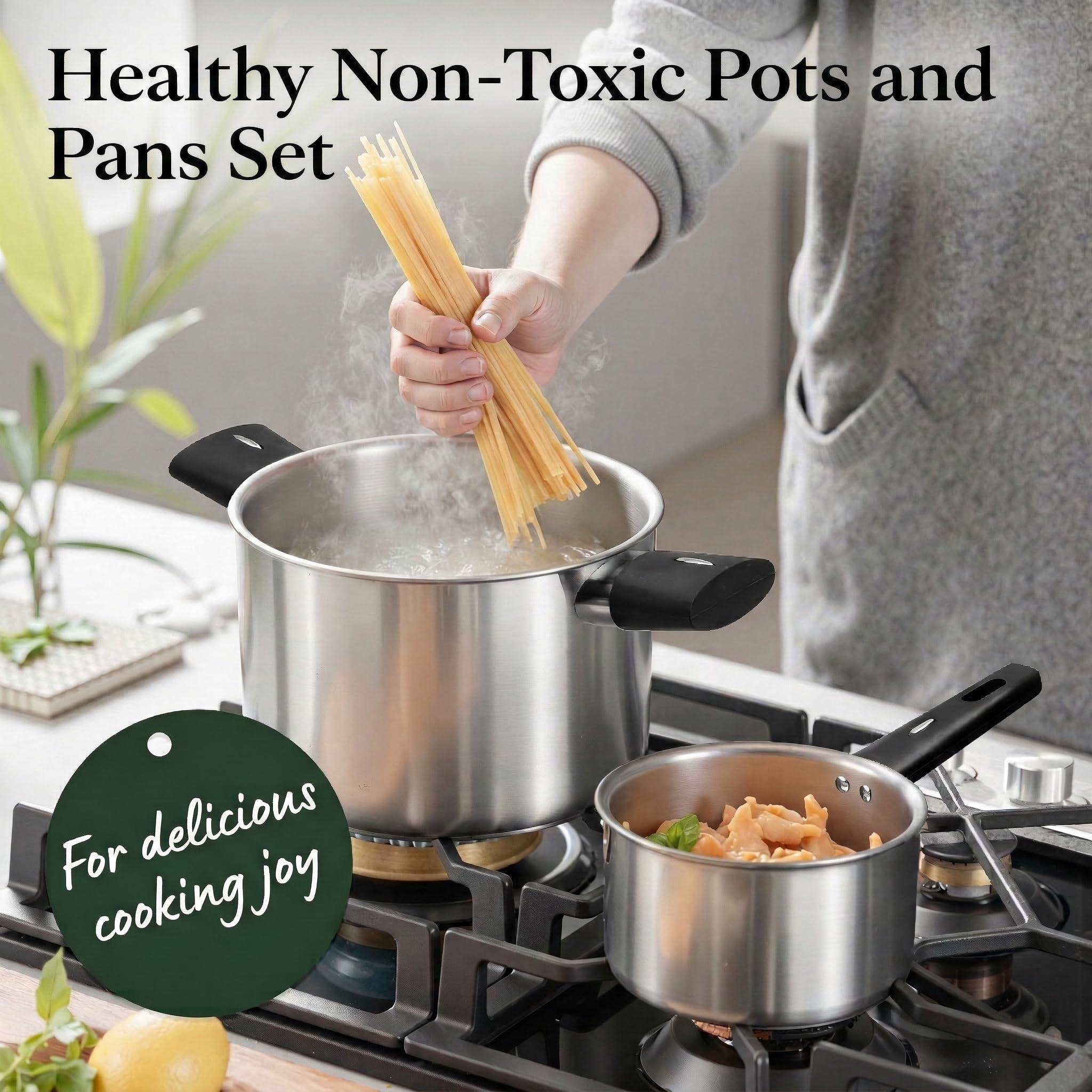 Stainless Steel Pots and Pans Set Non Toxic, 6PCs Kitchen Cookware Sets with Stay-Cool Handles, Dishwasher Safe&Compatible with All Stovetops(Gas,Electric&Induction)