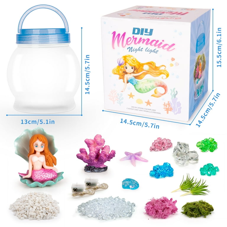 Sunnypig DIY Light-Up Kit for Kids with Mermaid Toys, Mermaid Gifts for Girls, Magical Mini Fairy Garden in A Jar with LED Light, Christmas and