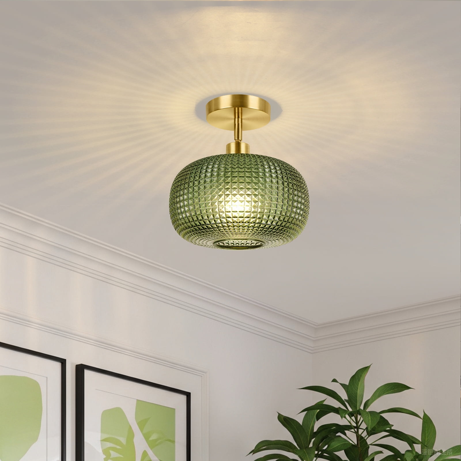 9.84'' Semi Flush Mount Ceiling Light, Adjustable Hanging Gold Sloped Ceiling Lights with Green Glass Shade