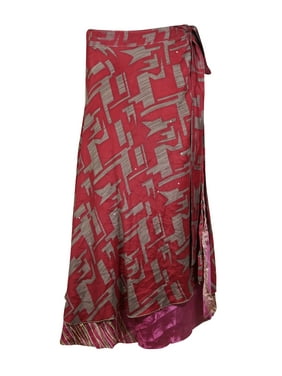 Mogul Women Pink,Gray Vintage Silk Sari Magic Wrap Skirt Reversible Printed 2 Layer Sarong Beach Wear Cover Up Long Skirts One Size