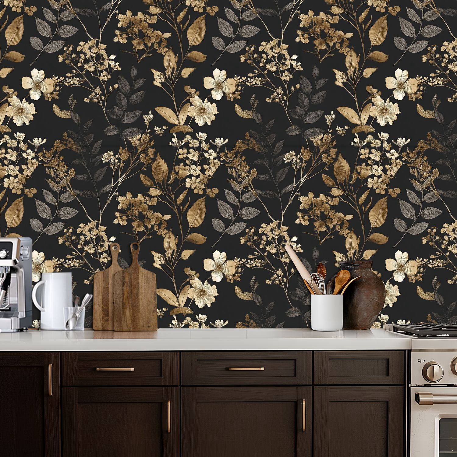 Peel and Stick Wallpaper Elegant Gold Beige Floral Black Wall Mural 17.7in x 9.8ft Self Adhesive Removable Wall Paper Renter Friendly Wallpaper for Nursery Kitchen Bedroom Cabinets
