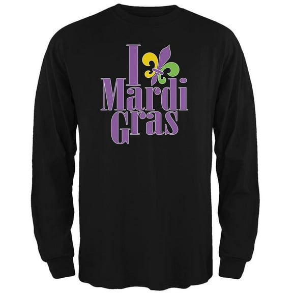 I Love Mardi Gras Fleur De Lis Black Adult Long Sleeve T-Shirt - Small