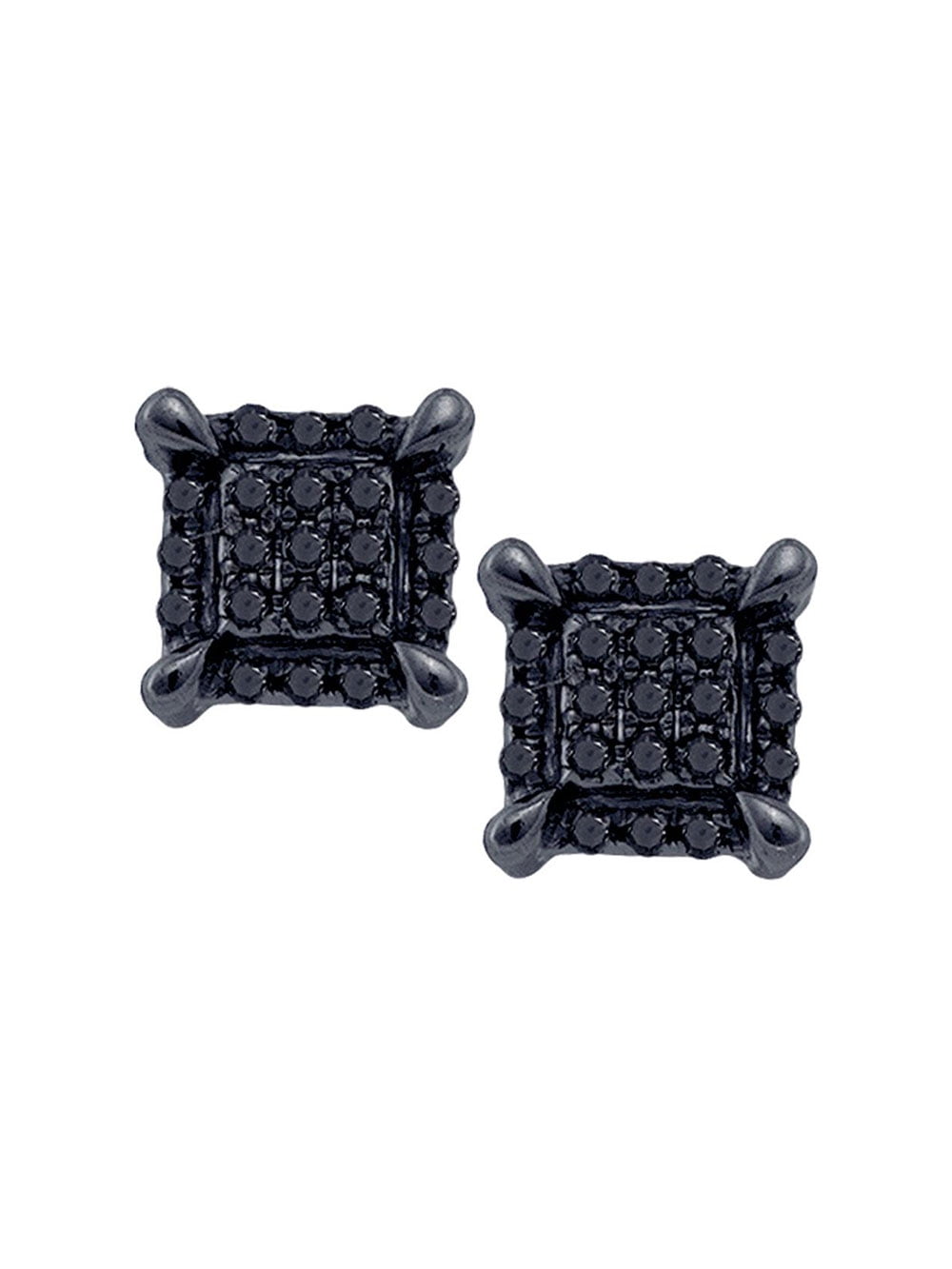 Solid 10k White Gold Men's Round Black Diamond Square Cluster Earrings