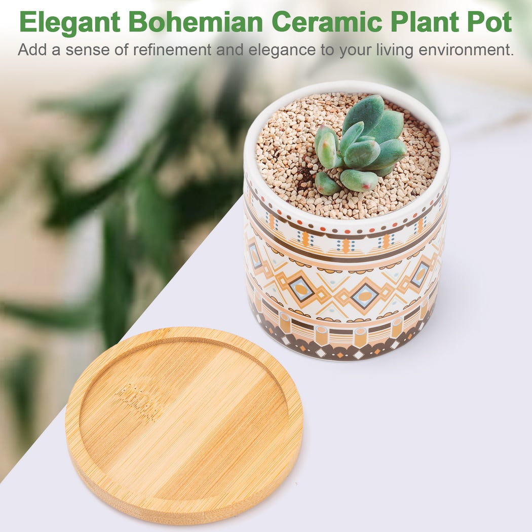 4 Pack Succulent Pots with Saucers, 3" x 3" Round Bohemian Ceramic Succulent Pot, Small Planter with Drainage Hole, Ceramic Cactus Pots, Succulent Plant Pot and Bamboo Tray Set