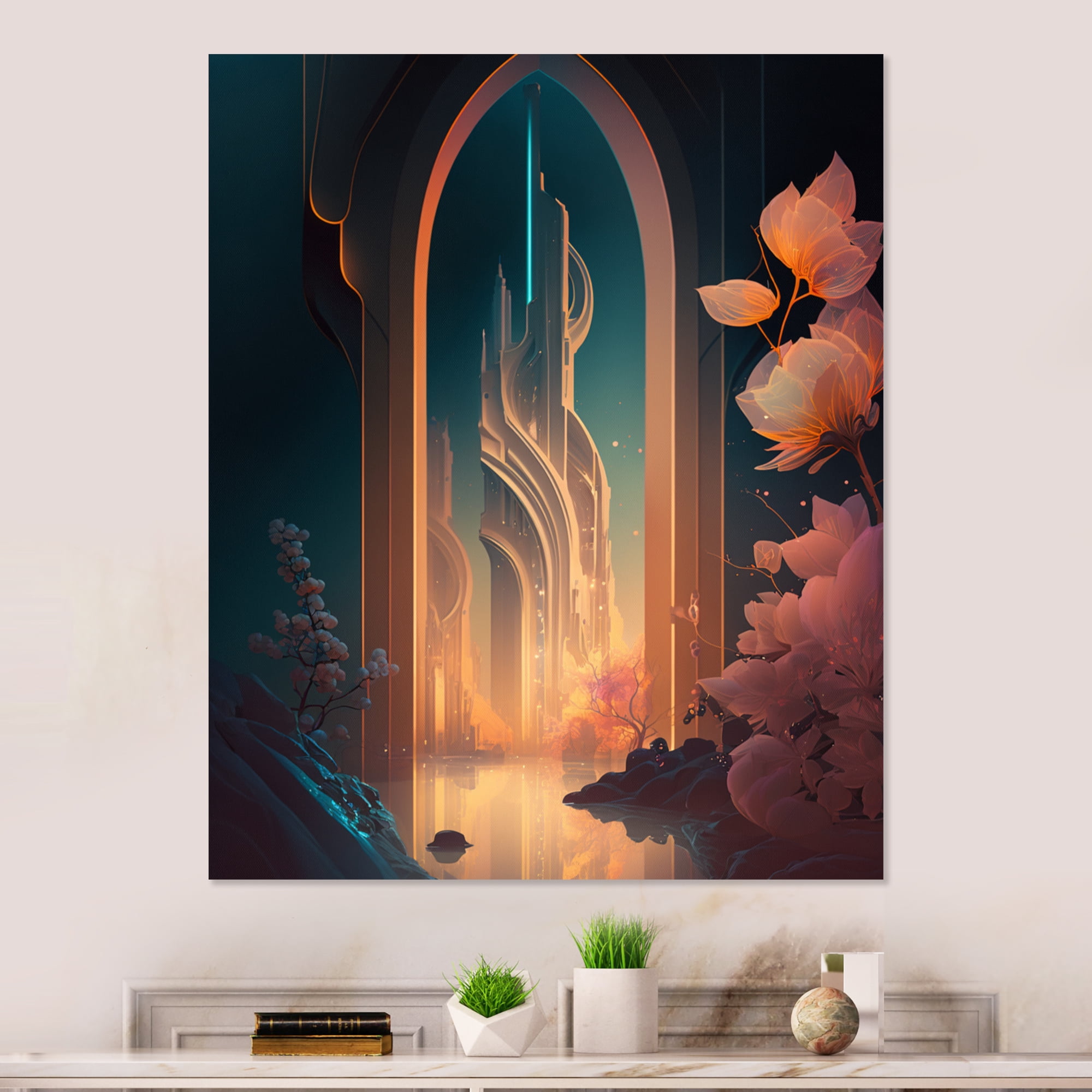 Designart Futristic Architecture With Flowers II Canvas Wall Art
