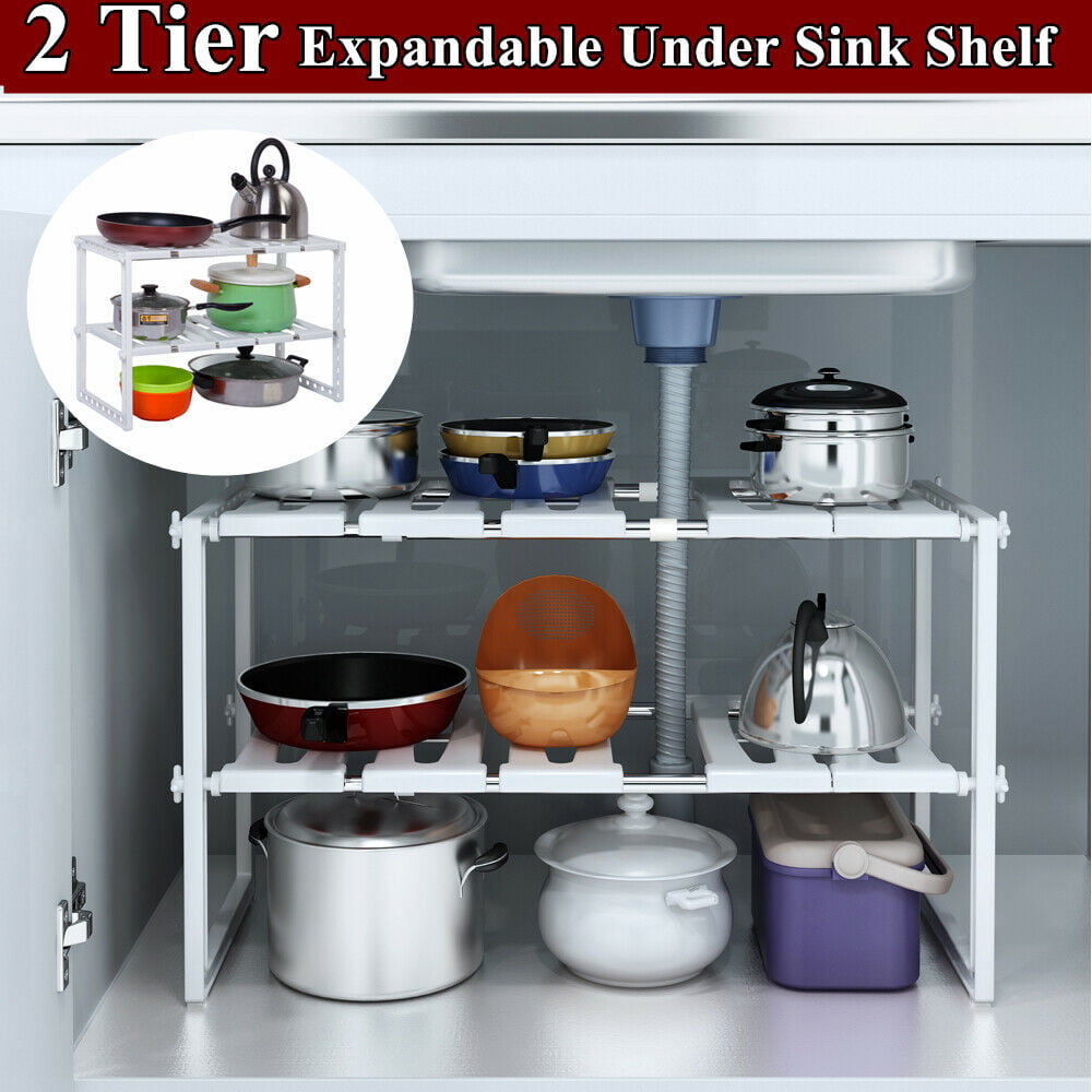 2 Tier Expandable Adjustable Under Sink Shelf Organizer Unit Kitchen Shelves New 