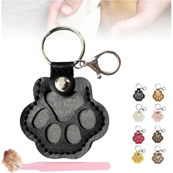 Paw Shaped Leather Memorial Keepsake for Dog Cat Fur Storage, Pet Keychain Refillable, Cat & Dog Hair Keychains, Unique Memorial Collection Keychain, Memorial Gift For Pet Lovers (Black 1)