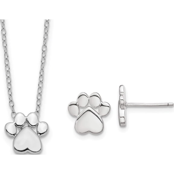 Sterling Silver Rh-Plated Paw Print With 2 In Ext. Post Earring Necklace Set Made China qst270