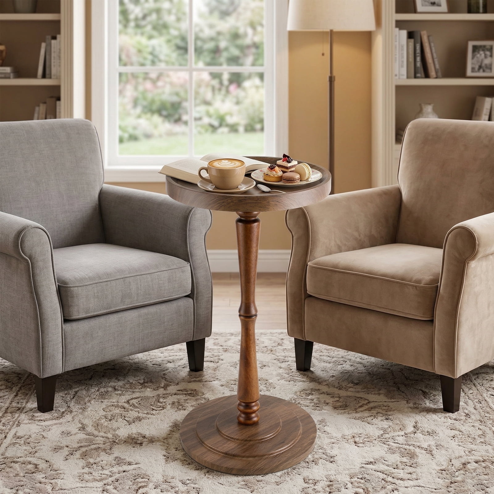 ManyFun Round Side Table, Wood Drink Table for Small Spaces, Round End Table for Living Room, Bedroom, Sofa Couch, Corners (Brown Spindle-shaped)