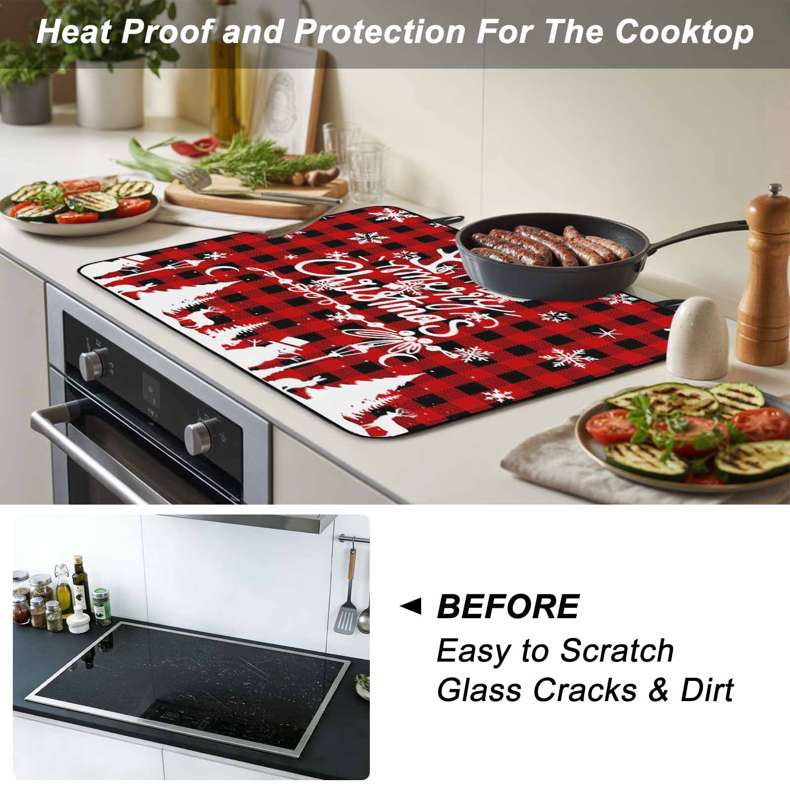 Christmas Stove Top Cover for Electric Stove, Heat-proof & Non Slip Glass Top Stove Cover Protector, Winter Snowman Snowflake Xmas Trees Red Plaid Kitchen Flat Cooktop Rubber Mat 24x21 Inches