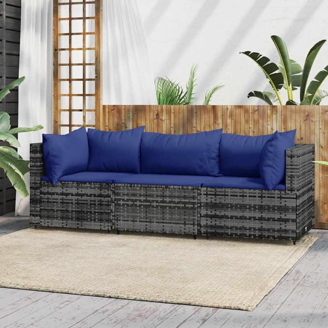 vidaXL Ensemble de Salon de Jardin 3 Pcs avec Coussins Gris en Rotin Poly