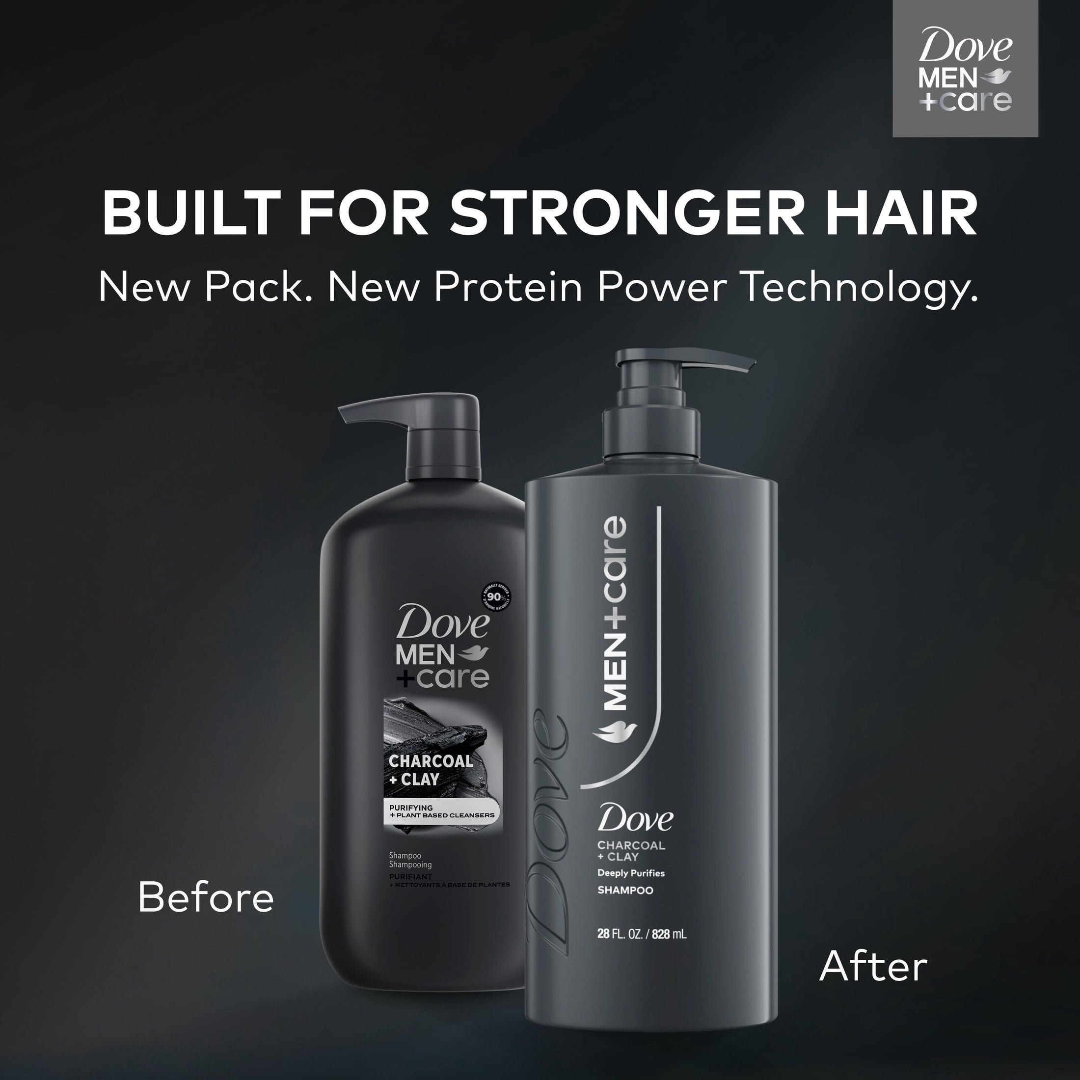 Dove Men+Care Shampoo for Real Hair that Powers Up Hair Strength, Charcoal + Clay with Deep Purifying Benefits, 28 fl oz
