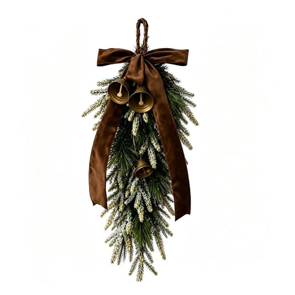 Norfolk Pine Hanging Decoration,Christmas Teardrop Swag Wreath with Metal Bells and Brown Velvet Bow, 23.6 Inch Artificial Pine Garland, Reusable Winter Front Door, Porch, and Indoor Holiday Ornament