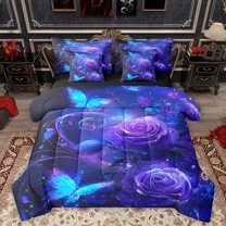 Homewish Romantic Valentine'S Day 7-Piece Twin Bedding Sets,Purple Rose Bedding Comforter Set,Dreamy Blue Butterfly Sheet Sets For Adult,Super Cozy Room Decor Reversible