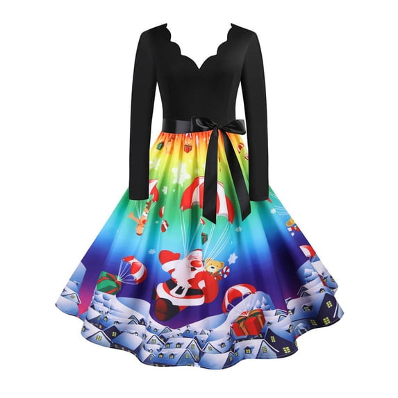VSNOW Women 50s 60s Vintage Dresses Long Sleeve Christmas Party Swing Dress