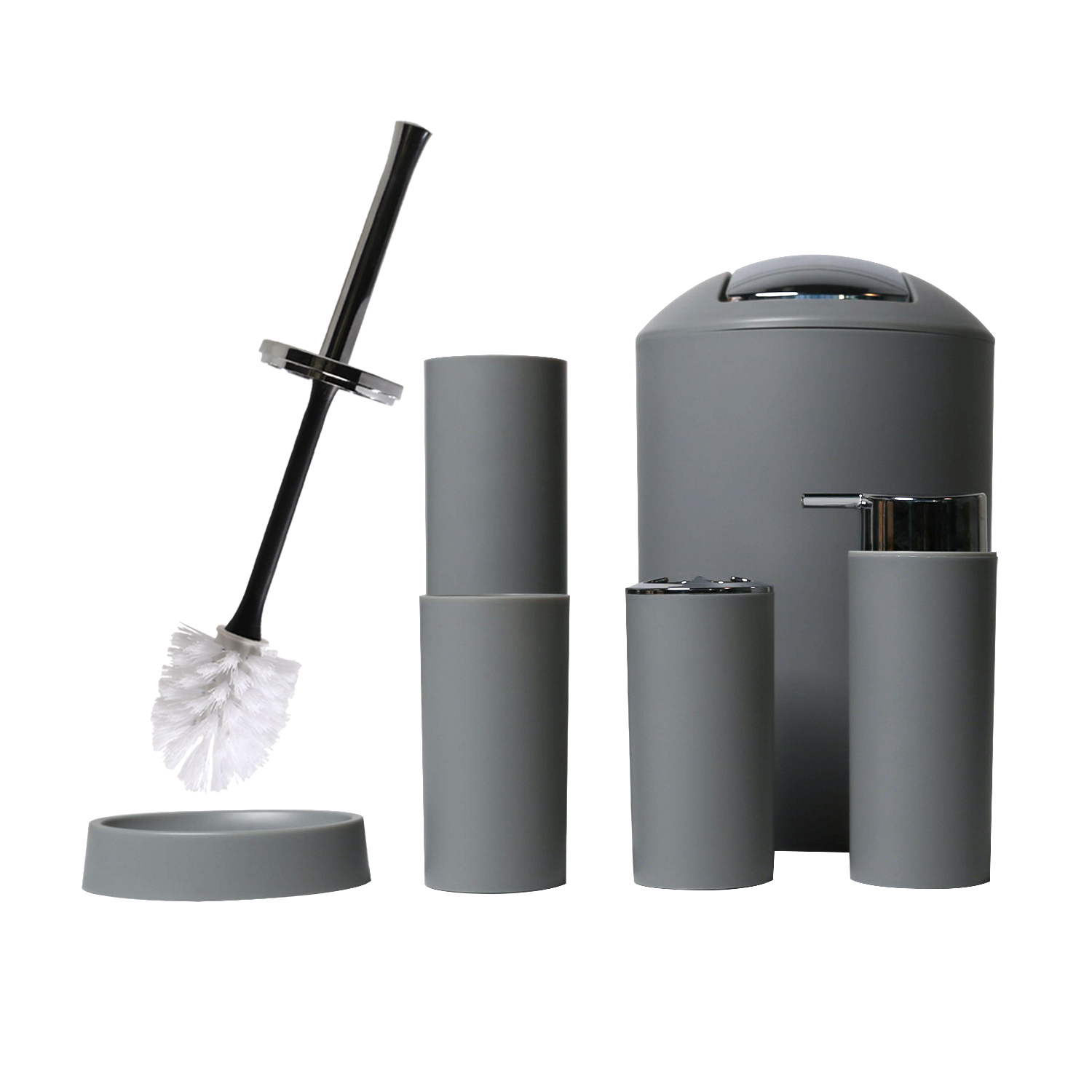 Bropro Bathroom Accessories Set 6 Piece Bath Ensemble with Smooth Surface Includes Soap Dispenser, Toothbrush Holder, Toothbrush Cup, Soap Dish for Decorative Countertop and Housewarming Gift, Grey
