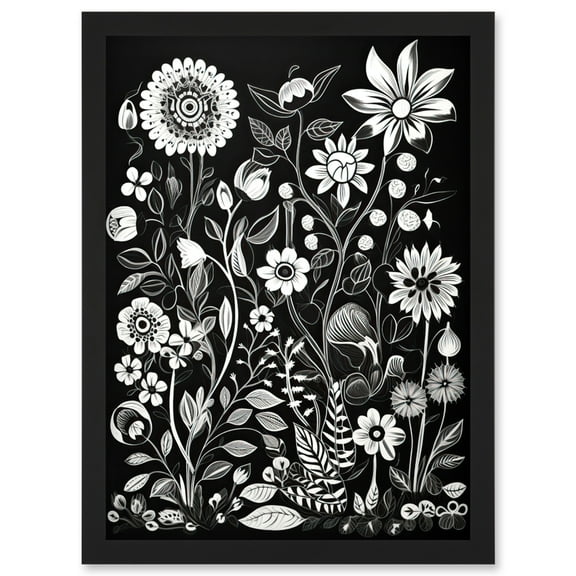 Black and White Wild Flower Contour Pattern Artwork Framed Wall Art Print A4