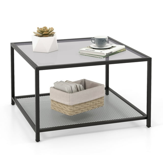 Costway Glass Coffee Table 27.5 Inch 2-Tier Square with Mesh Shelf Living Room Grey