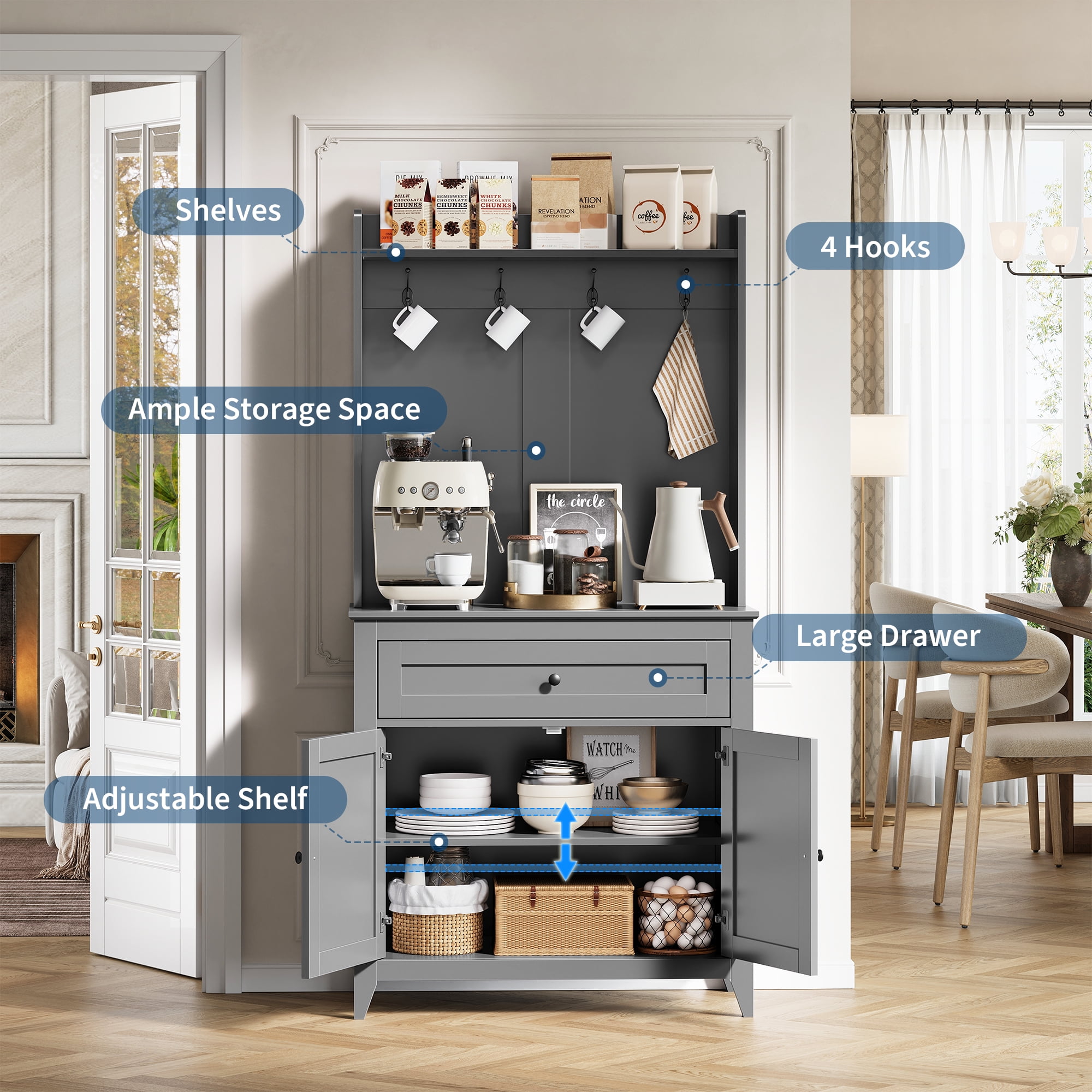 63" Pantry Cabinet, Kitchen Pantry Storage Cabinet with Outlet, Kitchen Hutch with Microwave Shelf & 4 Hooks, Door Shelves & Drawer & Adjustable Shelves, for Dining Room