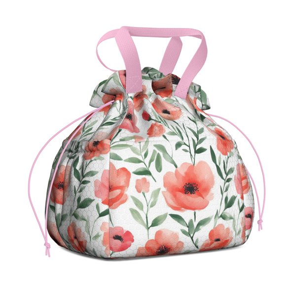 Pioneer Flower Drawstring Lunch Bag Women - Drawstring Lunch Bag Insulated for Work Office - Stain-Resistant Large Lunchbags for Women with Multi-Pockets