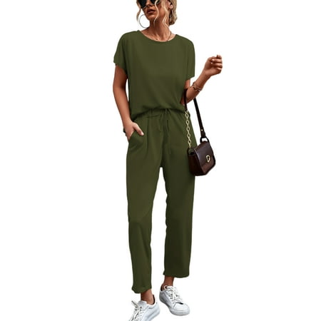 

Woobling Ladies Loungewear Set Short Sleeve Casual 2 Piece Loose Fit Pajamas Women Tops Trousers With Pockets Nightwear Sleepwear Green M