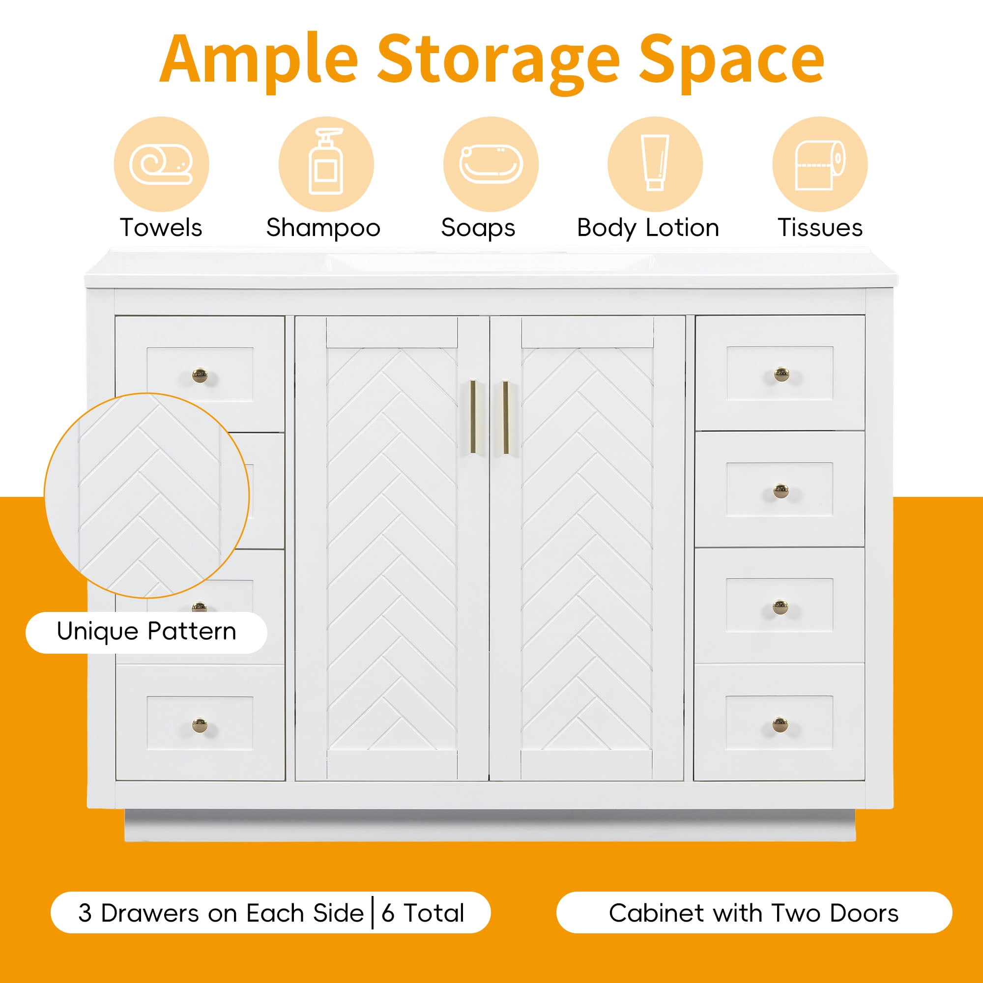 48" Classic Bathroom Vanity Cabinet, Freestanding MDF Vanity Base with 6 Drawers and 2 Soft-close Doors, White Storage Cabinet with Gold Handles, Cabinet Only Without Sink