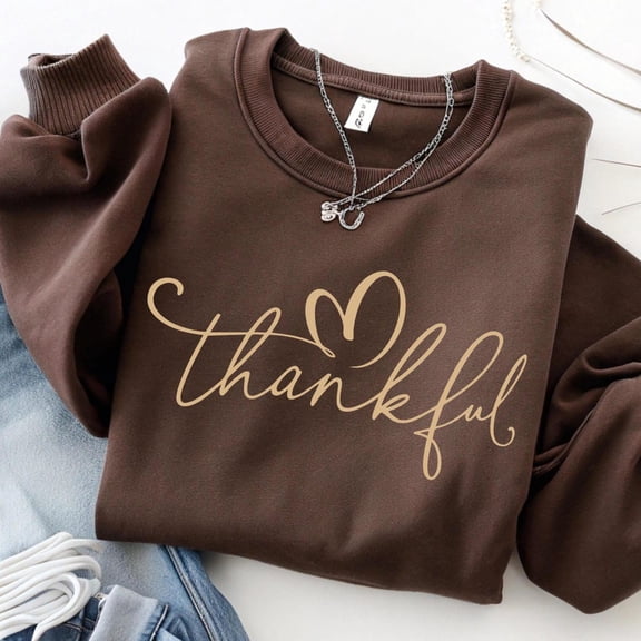 Yoofine Adult Thankful Heart Script Thanksgiving Fall Graphic Sweatshirt