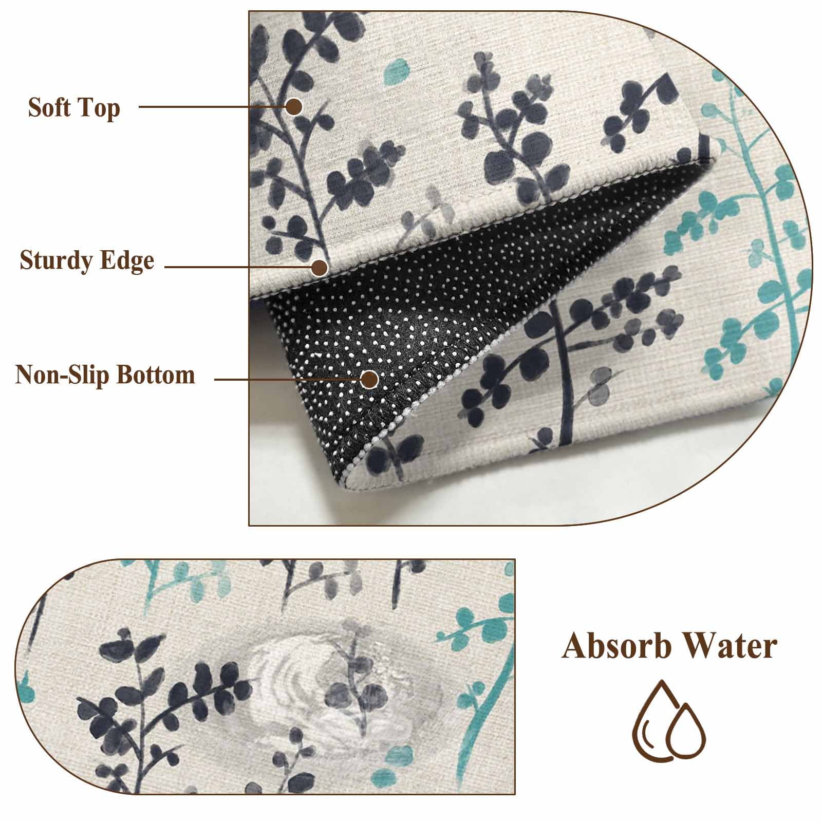 Aqua Grey Botanical 2'x6' Runner Rugs for Hallway Kitchen Bedside Non Slip, Rustic Country Spring Floral Summer Leafv Entryway Rug Runners with Rubber Backing, Long Carpet Runner for Laundry Room