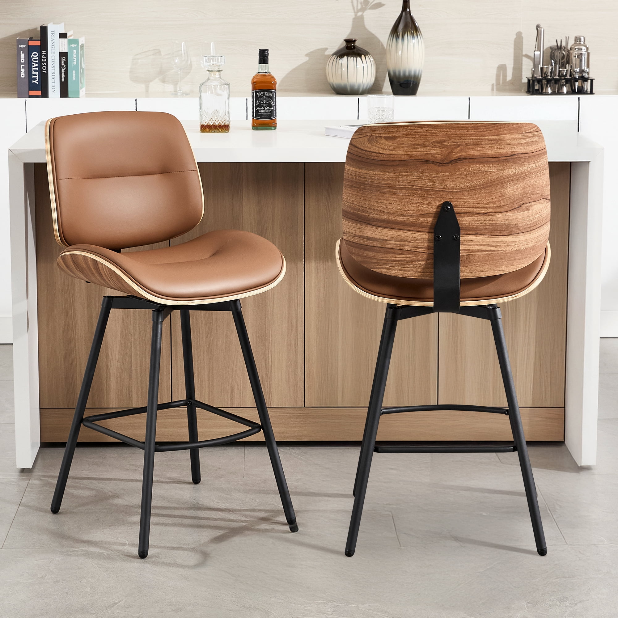 Counter Height Bar Stools Set of 4, 26" Swivel PU Leather Upholstered Bar Stools with Walnut Backs and Metal Legs, Retro Counter Stools for Kitchen Island, Dining Room, Pub, Brown