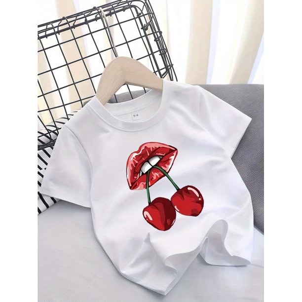 Camiseta de algodón de verano para niña, cuello redondo informal, top de punto con estampado aleatorio, corte regular, tejido elástico, camiseta de moda para niños.