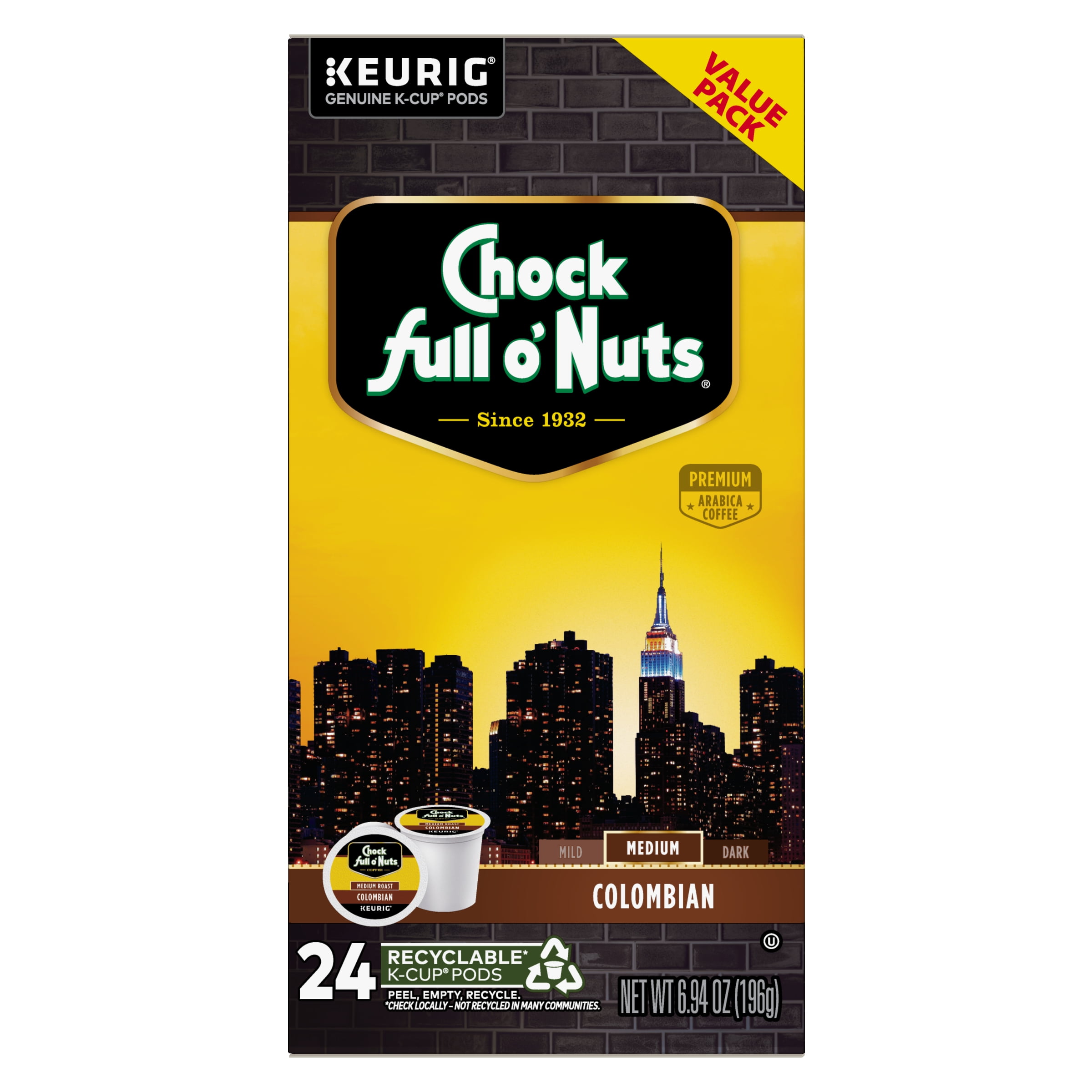 Chock full o’Nuts® Donut Shop Coffee, Single Serve Keurig® K-Cup® Pods, Medium Roast Coffee, 24-Count Box