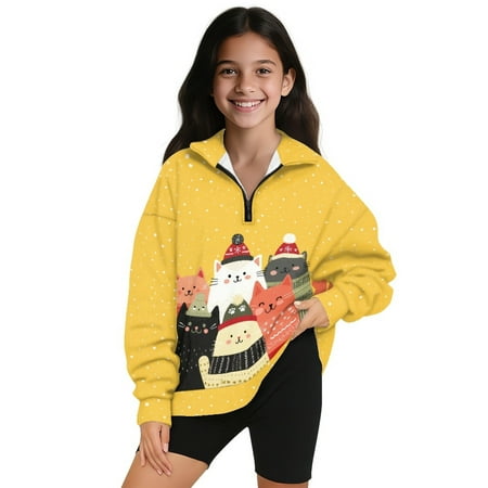 Xoenoiee Christmas Cat Print Girls Half Zip Sweatshirt Fleece Quarter Zip Pullover Xmas Sweatshirts Stand Collar Fall Clothes for Teen Girl Size 13-14 Years