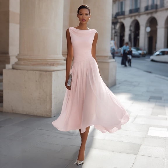 Draped Neck Midi Dress for Women Sleeveless Cinched Waist Pleated Dresses Summer Wedding Guest Party Cocktail Dresses, 2XL