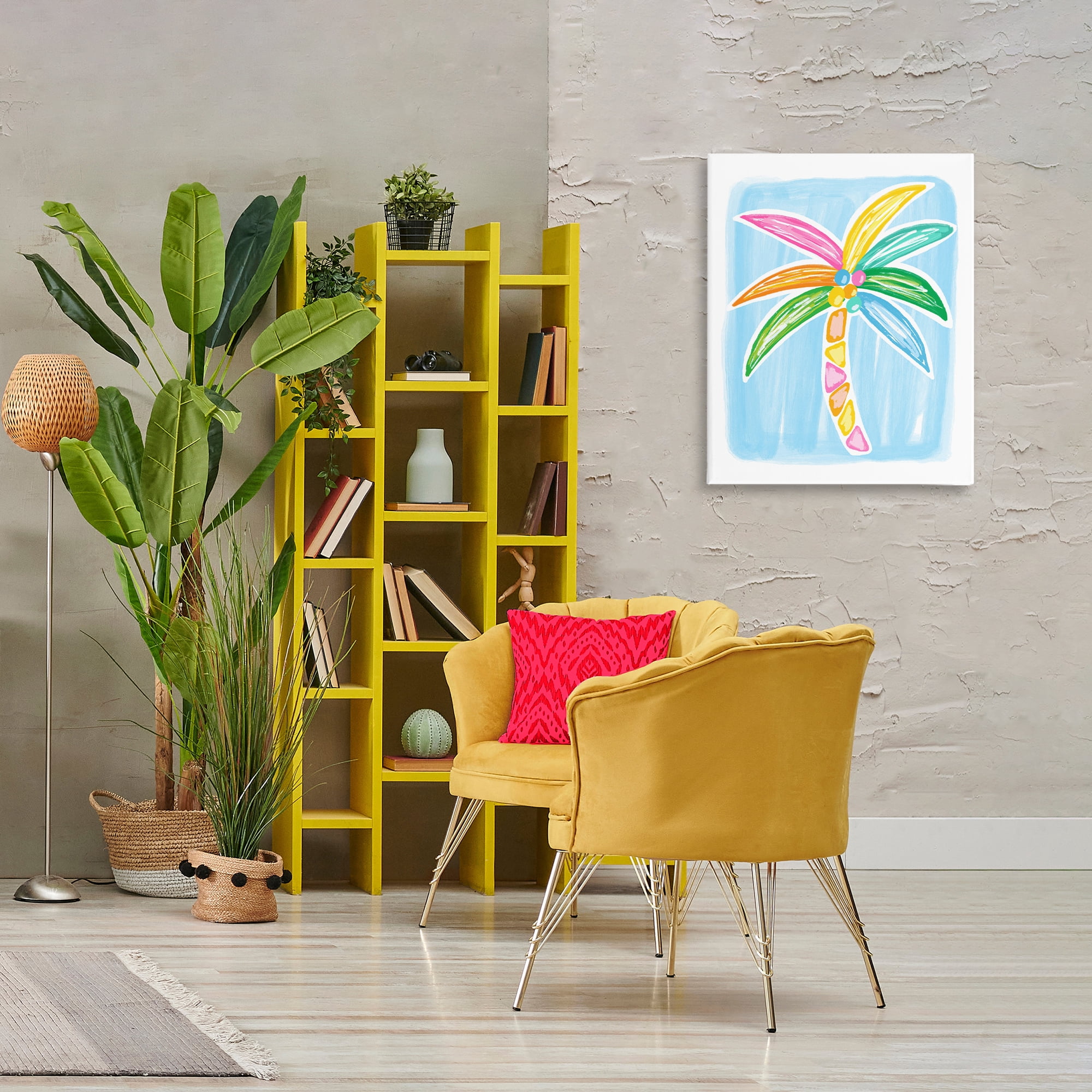 Stupell Industries Pastel Palm on Blue Botanical & Floral Painting Gallery Wrapped Canvas Art Print Wall Art, 24 x 30