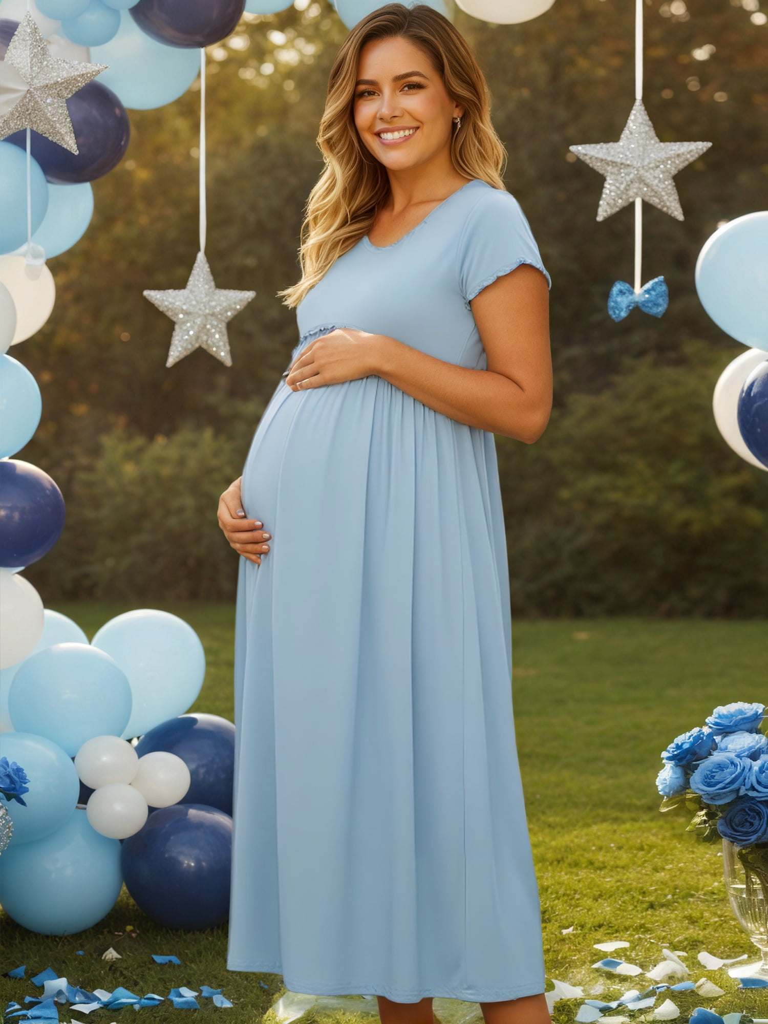 DARING DIVA Women's Maternity Summer Ruffled Pleating Casual Work Maxi Dress L Blue