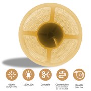 DAYBETTER COB LED Strip, 16.4ft 3000K Warm White Dimmable, 24V 1600 LEDs 2835 Flexible Light for Bedroom Home Decor